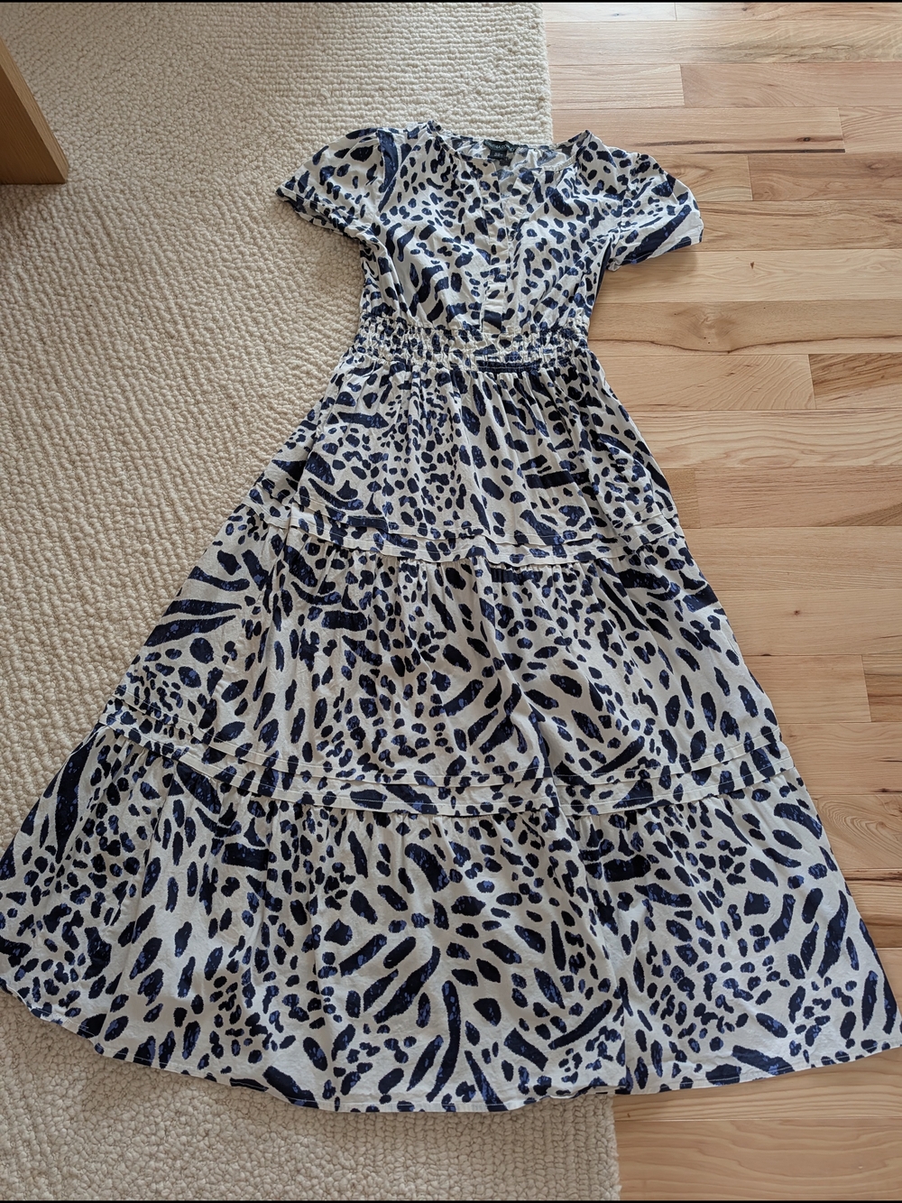 Cynthia Rowley White and Navy Animal-Print Tiered Maxi Dress